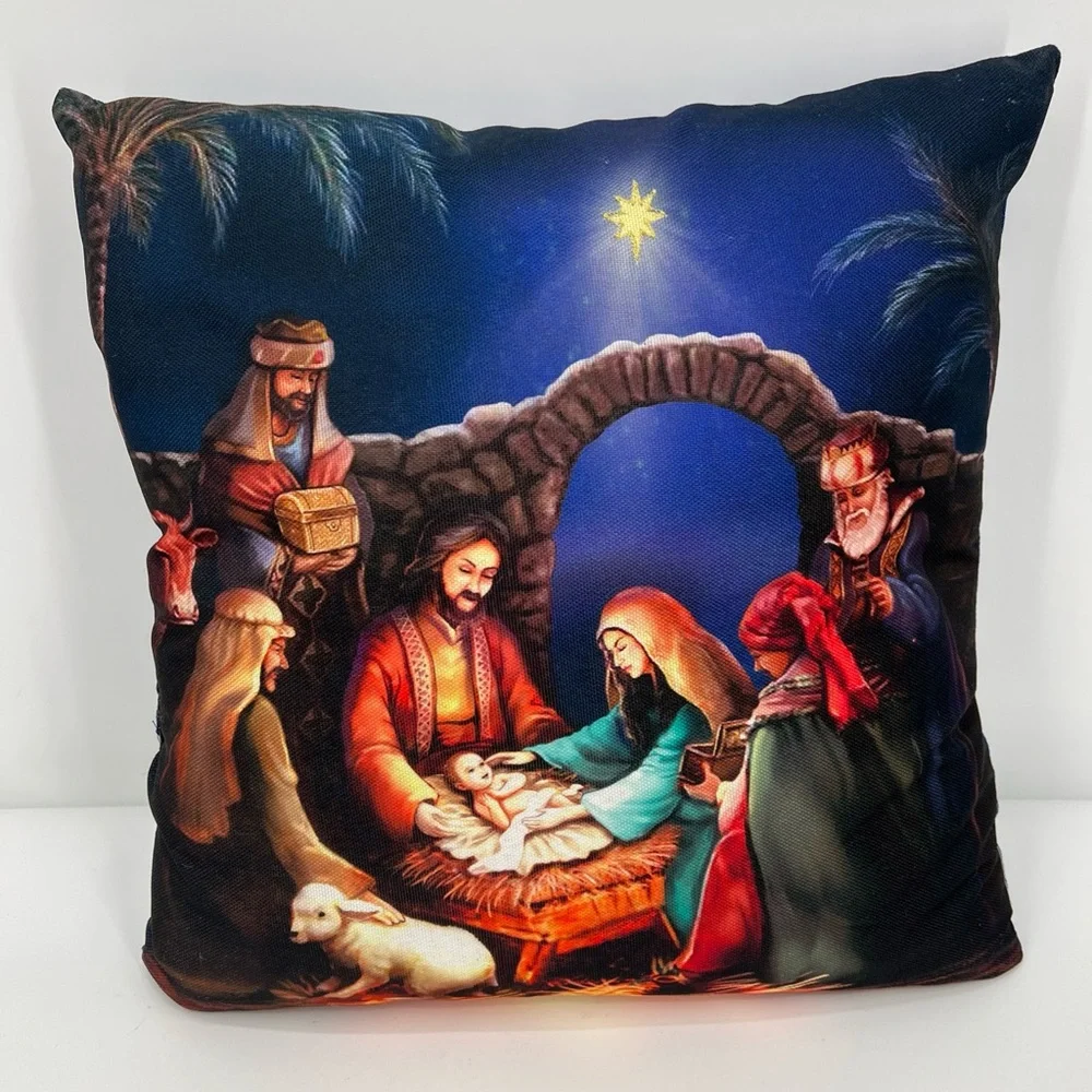 Colorful Vintage Christmas Nativity Scene 16X16 Tapestry Throw Pillow